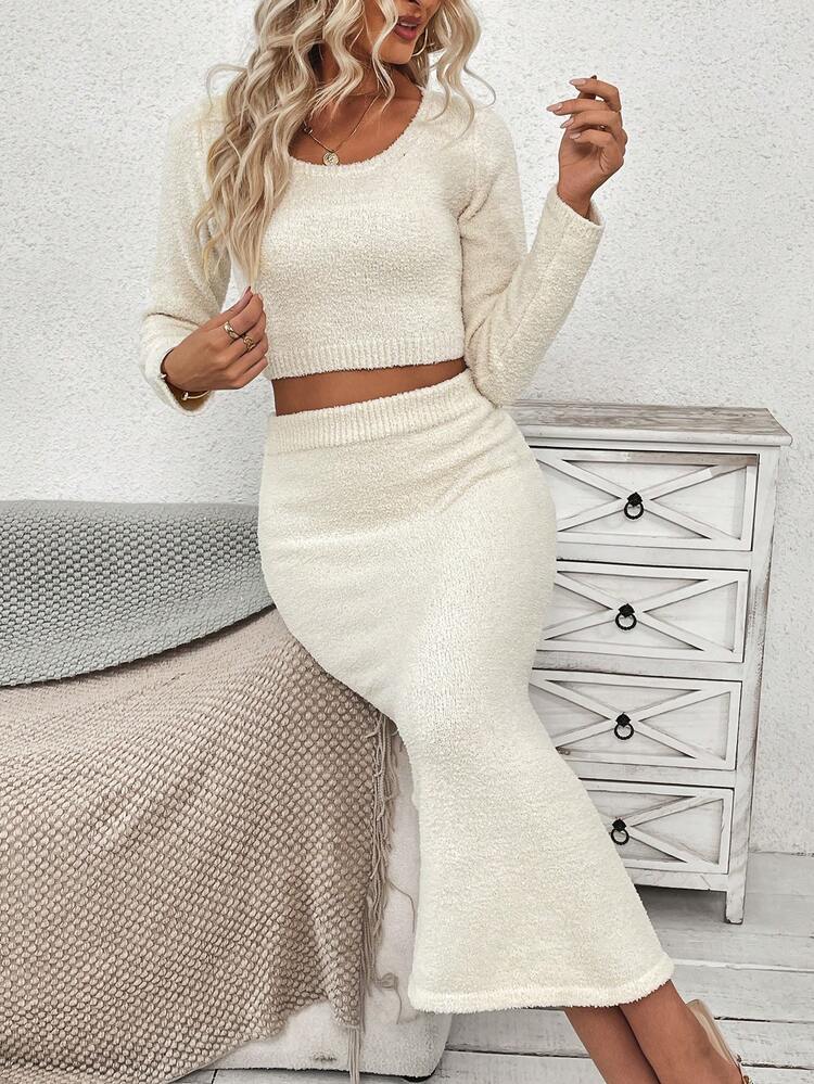 Women's Solid Color Sweater And Fishtail Half Sweater Skirt Two-Piece Set Fall Cloth For Women