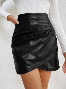SHEIN Frenchy Women'S Wrapped Cross Fold Design Pleated Skirt - Black - View 3