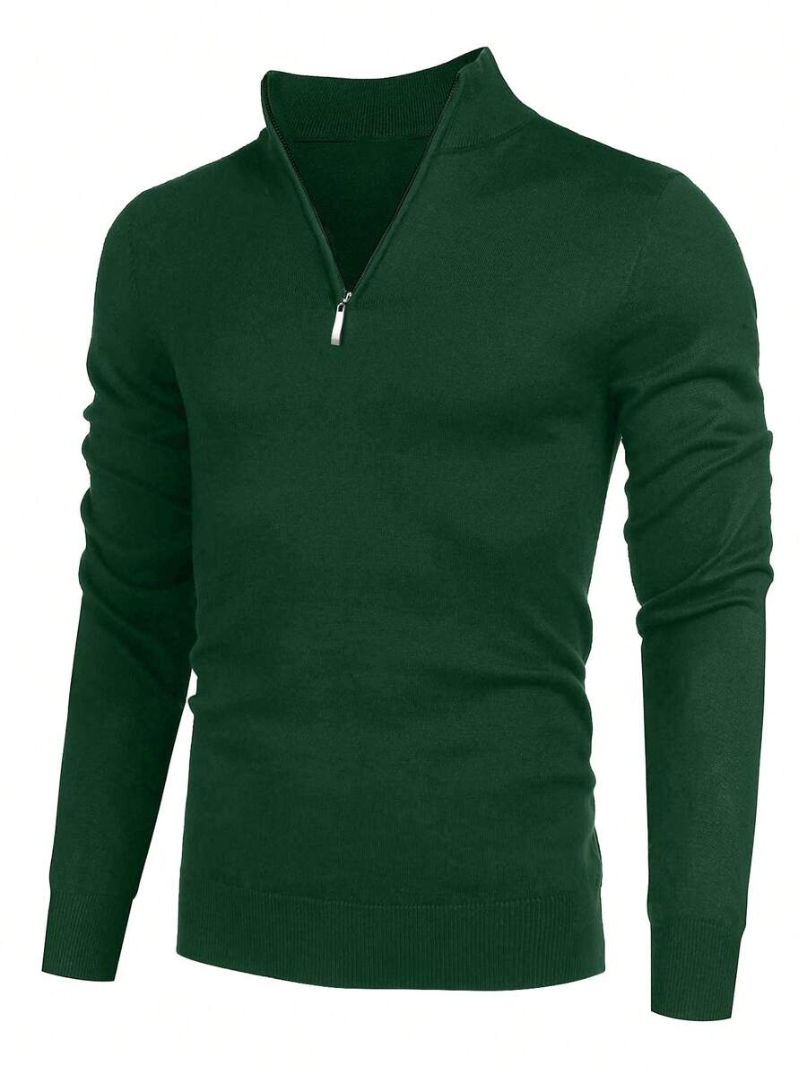 男士休闲纯色拉链立领毛衣，春秋 - 橄欖綠 - 查看 1