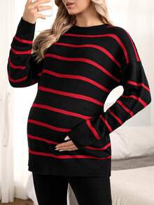 SHEIN Maternity Drop Shoulder Striped Sweater - Black - View 3