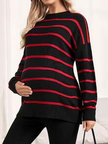 SHEIN Maternity Drop Shoulder Striped Sweater - Black - View 4