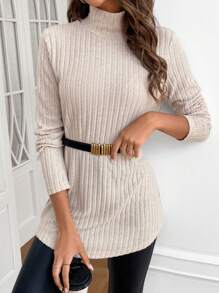 SHEIN Frenchy 高領羅紋針織T恤不附腰帶 - 杏色 - 查看 5