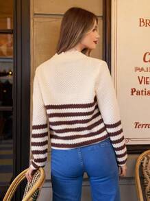 SHEIN Frenchy Women's Patchwork Hollow Out Embroidered Striped Button Down Cardigan - Multicolor - View 2