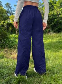 EURMUSE Women's Drawstring Waist Long Pants - Navy Blue - View 2