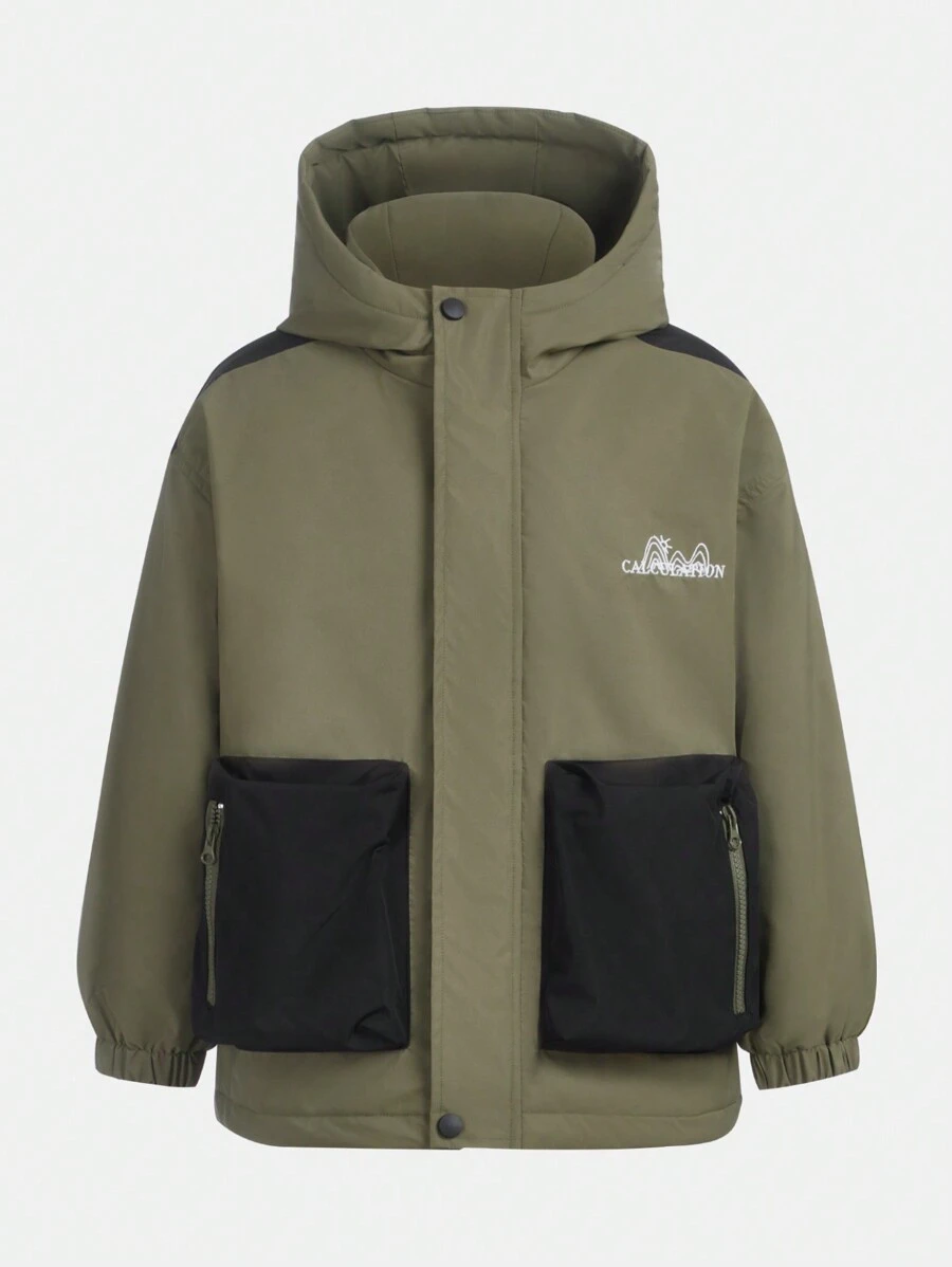 SHEIN Tween Boy Embroidery Letter Pattern Two Tone Hooded Thermal Lined Coat - Army Green - View 1