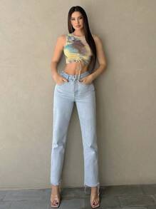 SHEIN Essnce Của phụ nữ Nhuộm buộc Hem Dây rút Áo ba lỗ - Nhiều màu - Xem 2