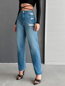 原始細節高腰錐形牛仔褲 - 藍色 - 查看 5