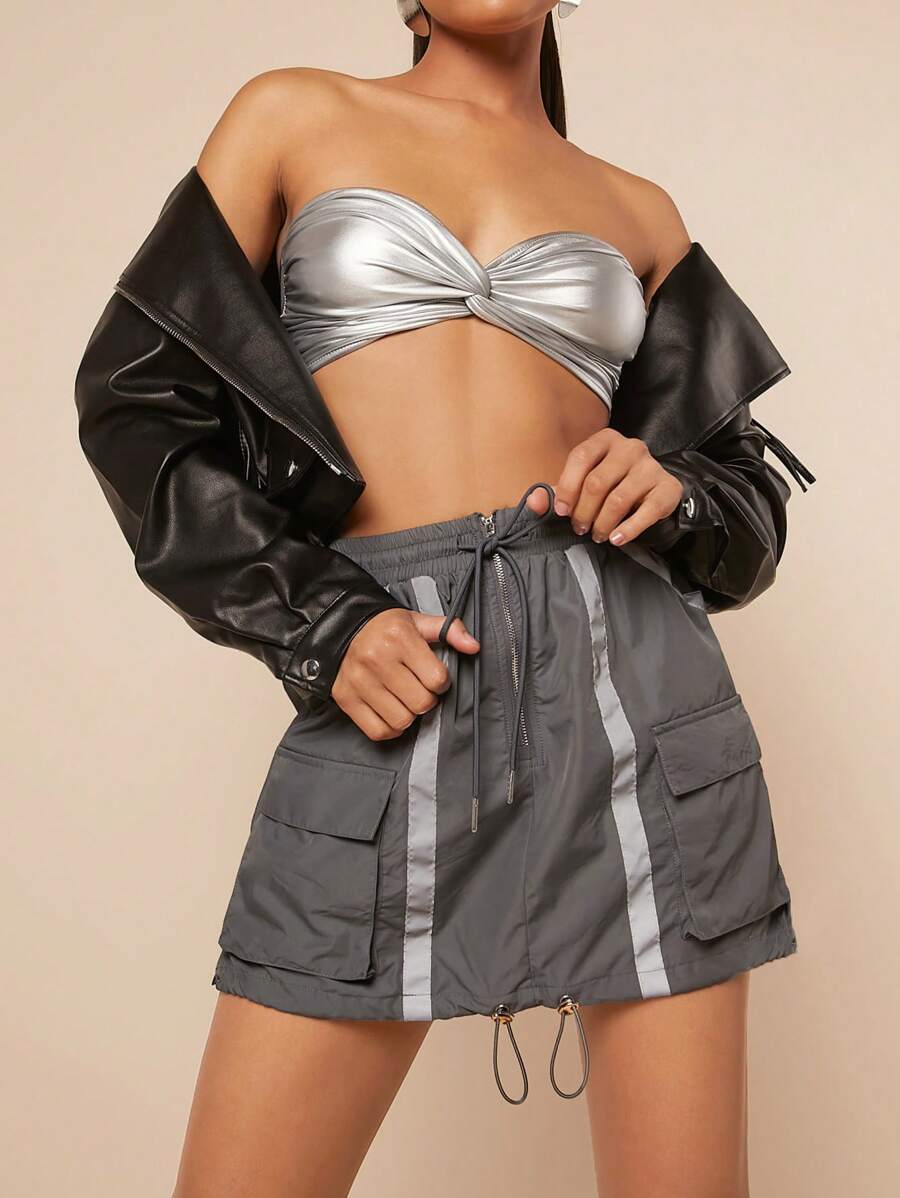 Hauture Drawstring Contrast Tape Cargo Skirt - Dark Grey - View 1