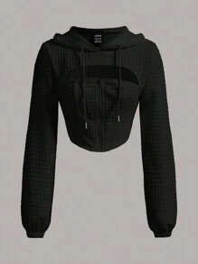 SHEIN ICON Ngắn Của phụ nữ Áo nỉ có mũ Với Thiết kế rỗng , Dây rút Và Mặt trước Dây kéo - màu đen - Xem 1