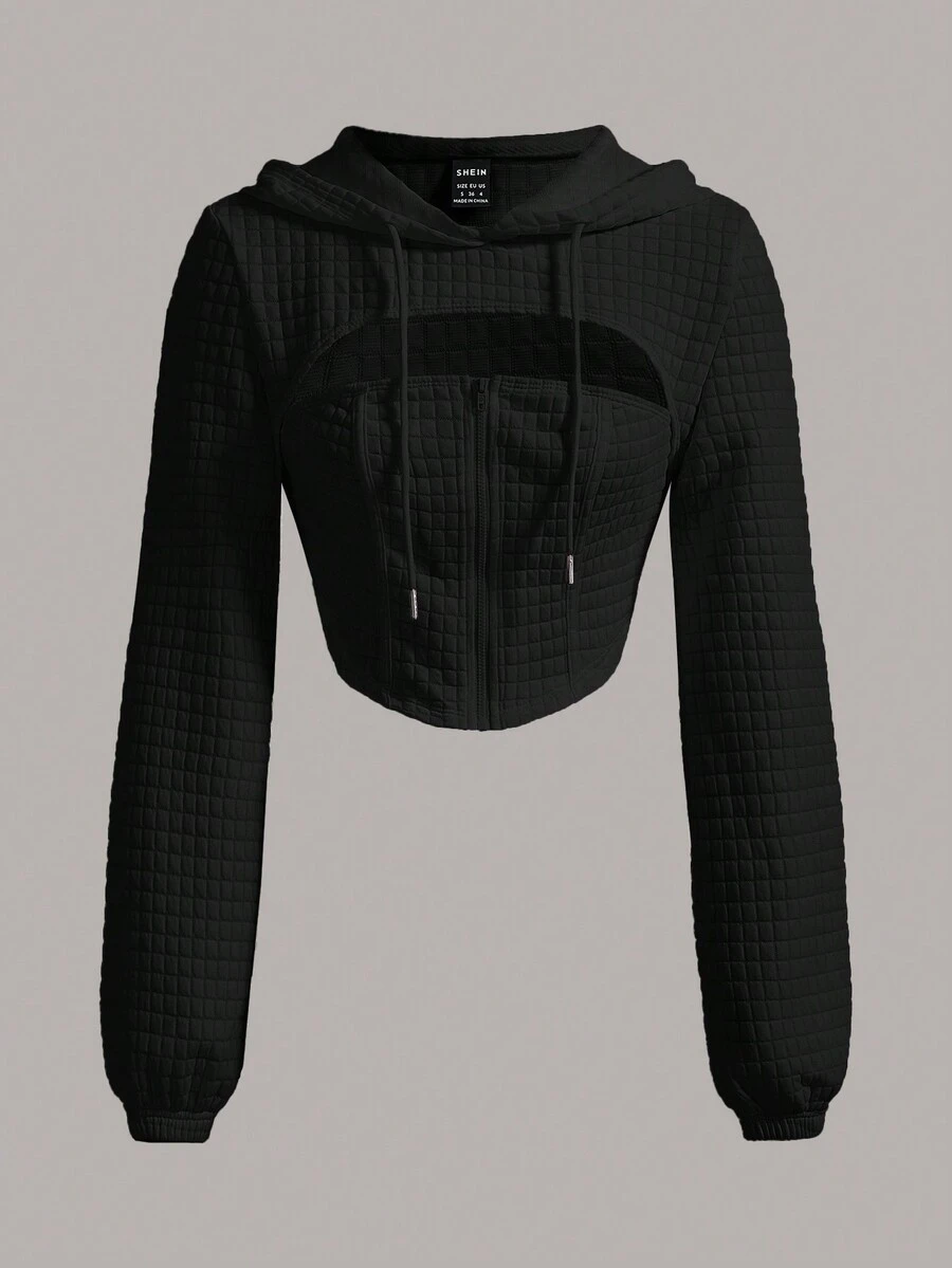 SHEIN ICON Ngắn Của phụ nữ Áo nỉ có mũ Với Thiết kế rỗng , Dây rút Và Mặt trước Dây kéo - màu đen - Xem 1