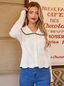 SHEIN Frenchy 女士彼得潘襯領針織開襟衫 - 白色 - 查看 6