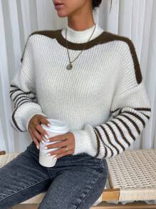 SHEIN LUNE Striped Drop Shoulder Knit Pullover Fall Winter Sweater - Beige - View 4