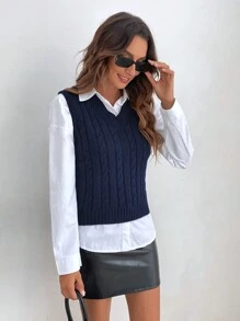 SHEIN Frenchy Xoắn Áo len dệt kim Áo vest Không có áo sơ mi - Màu xanh hải quân - Xem 4