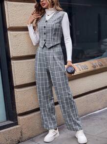 SHEIN Frenchy 格紋印花馬甲和褲子不帶T恤 - 灰色 - 查看 4