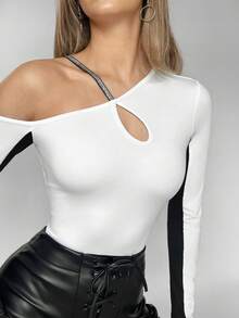 BizChic 女士不对称领口拼色紧身衣 - 黑與白 - 查看 4