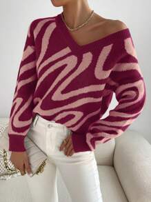 SHEIN Essnce Allover Pattern Drop Shoulder Sweater - Rose Red - View 5