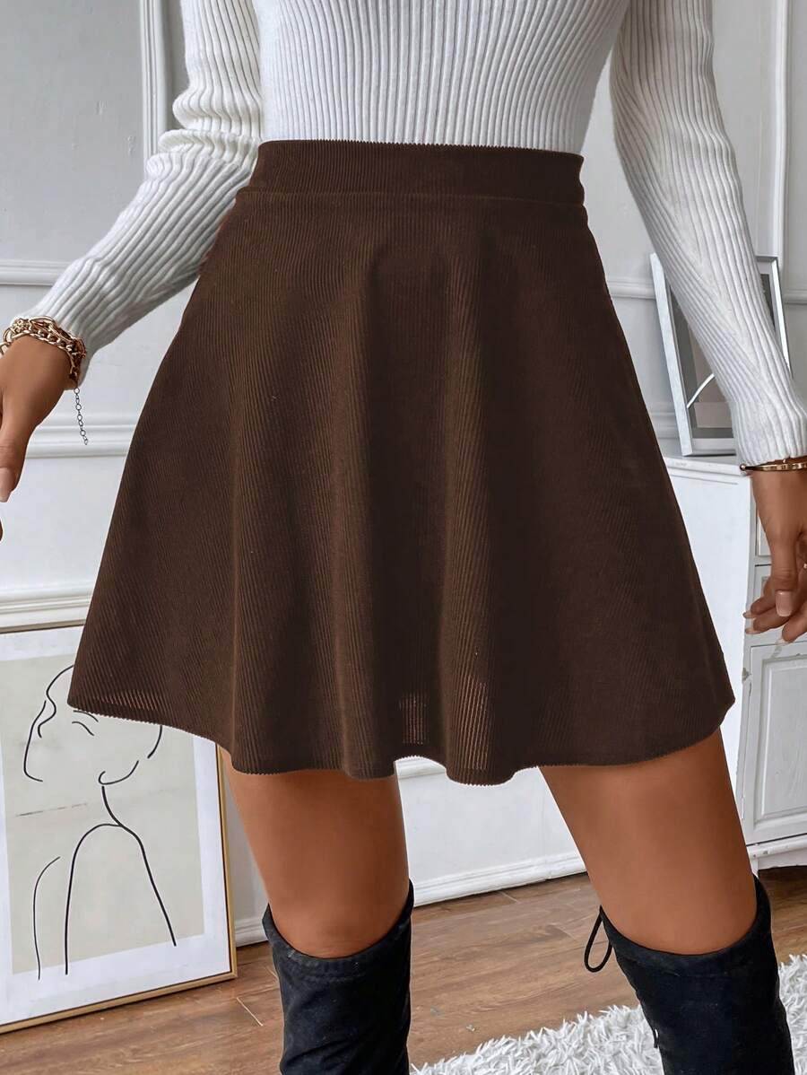 SHEIN LUNE Solid High Waist Flare Skirt - Chocolate Brown - View 1