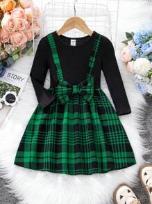 SHEIN Young Girl Plaid Print Bow Front 2 In 1 Dress - Green - View 1