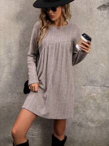 SHEIN LUNE 素色條紋針織T恤洋裝 - 卡其色 - 查看 5