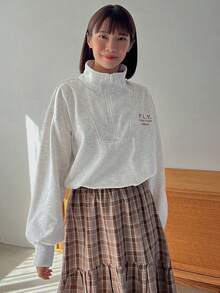 FRIFUL Letter Embroidery Half Zip Drop Shoulder Sweatshirt - Grey - View 3