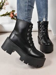 大码女式时尚舒适休闲侧拉链系带西式切尔西复古高跟厚底靴 - 黑色 - 查看 5