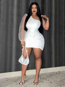 Slaydiva Plus One Shoulder Contrast Mesh Lantern Sleeve Sequin Bodycon Dress - Silver - View 1