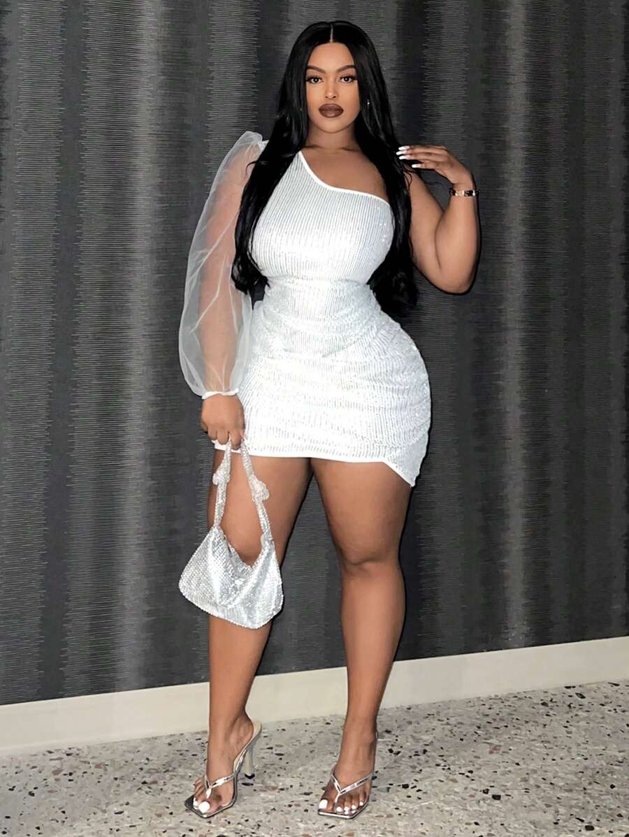 Slaydiva Plus One Shoulder Contrast Mesh Lantern Sleeve Sequin Bodycon Dress - Silver - View 1