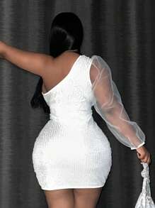 Slaydiva Plus One Shoulder Contrast Mesh Lantern Sleeve Sequin Bodycon Dress - Silver - View 2