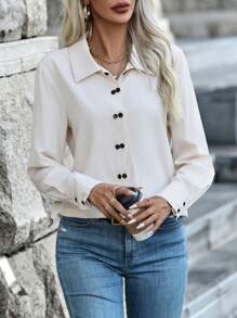 SHEIN Clasi Của phụ nữ DOUBLE-BREASTED Nút-Mặt trước Áo sơ mi - Màu be - Xem 1