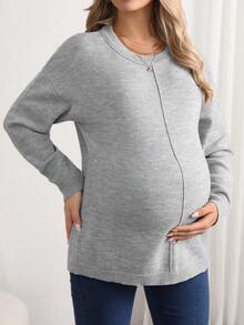 SHEIN 孕婦純色圓領長袖毛衣 - 灰色 - 查看 6