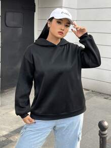 SHEIN EZwear Áo nỉ dệt kim màu đen cỡ lớn dành cho nữ, có họa tiết in. - màu đen - Xem 3