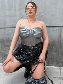 SHEIN ICON 大碼素色褶邊抹胸上衣 - 銀色 - 查看 3