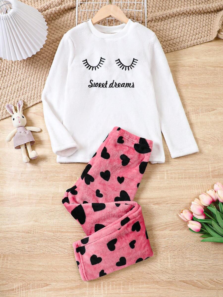Girls' Heart Print Flannel Homewear Pajama Set - White - View 1