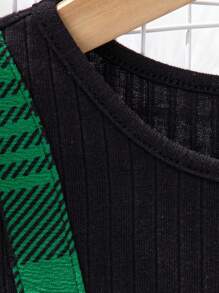 SHEIN Young Girl Plaid Print Bow Front 2 In 1 Dress - Green - View 3