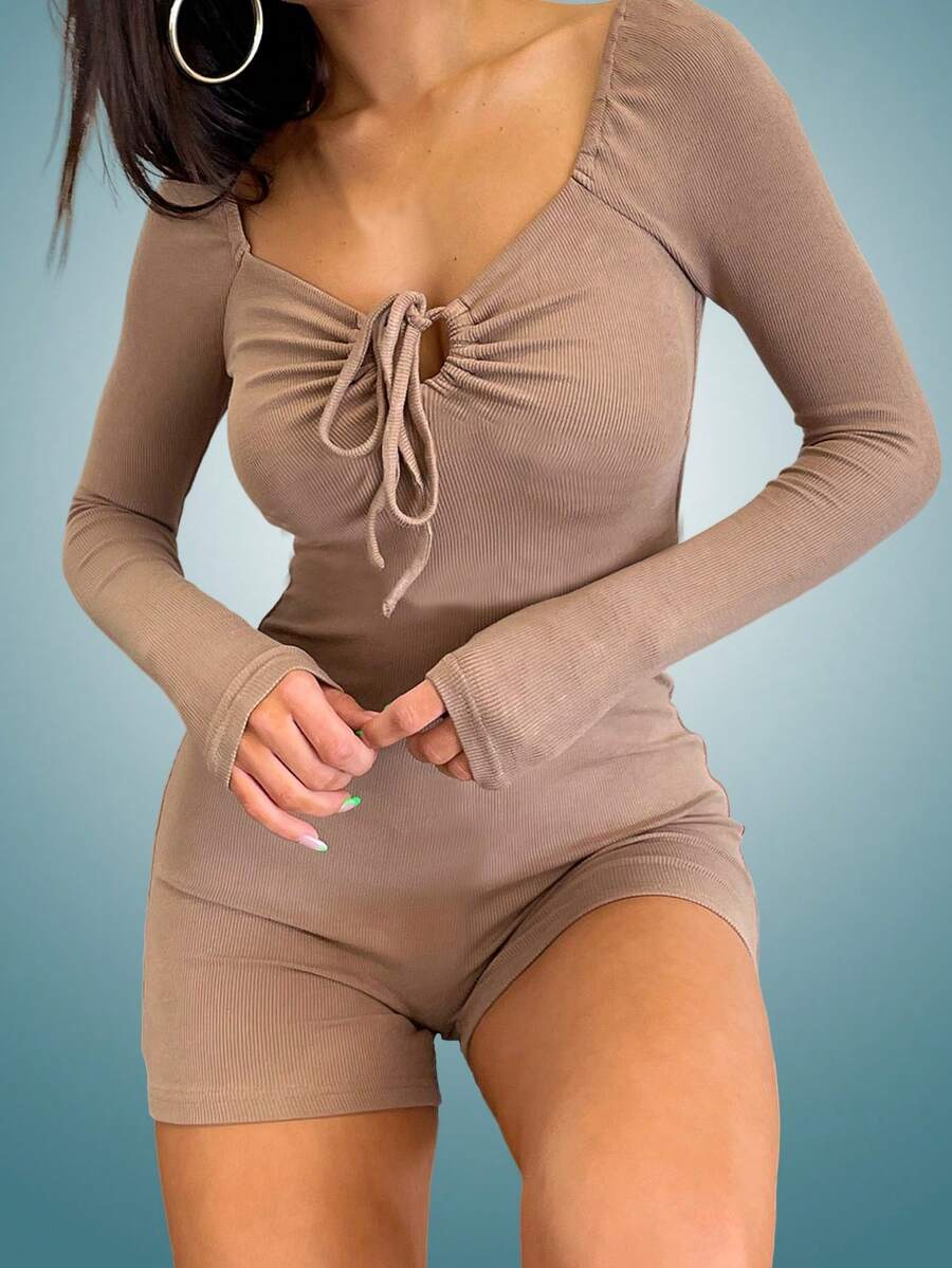 INAWLY Mặt trước dây rút Cổ Trái tim Tay Raglan Quần áo nịt Romper - Màu Khaki - Xem 1