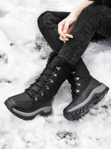 女士保暖内衬防水中筒系带雪地靴，户外旅游休闲冬季黑色雪地鞋 - 黑色 - 查看 5