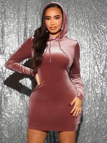 SHEIN SXY 女式連帽天鵝絨連身裙 - 粉色 - 查看 3