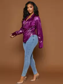 SHEIN SXY 純色連帽不對稱下擺襯衫 - 中紫紅色 - 查看 3