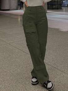 Pantalones cargo con múltiples bolsillos, casuales para primavera - Verde militar - Ver 4