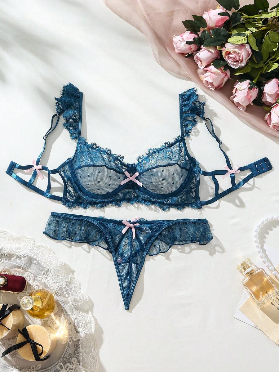 Set de lencería con encaje floral con aro - Agua verde azul - Ver 1