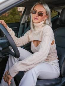 SHEIN LUNE Women's High Neck Ultra-short Sweater And Knitted Vest Set - Apricot - View 4