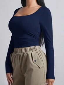 SHEIN BAE Camiseta con cuello cuadrado y drapeado - Azul Marino - Ver 3