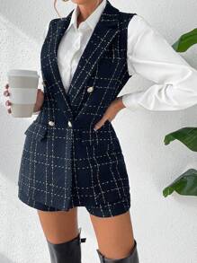 Calvaya 格紋雙排釦馬甲西裝外套&短褲 - 藍色 - 查看 5