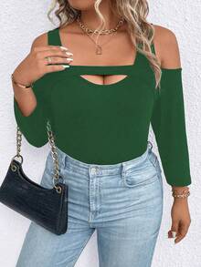 SHEIN LUNE Plus Size Hollow Out Cold Shoulder Neckline T-shirt - Dark Green - View 7