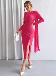 SHEIN Privé 網紗拼接下擺開叉緊身洋裝 - 玫紅色 - 查看 6