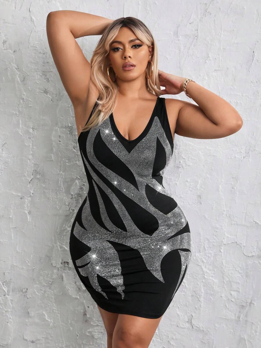 SHEIN SXY Plus Size Sequined Patchwork Bodycon Dress - Black - View 1