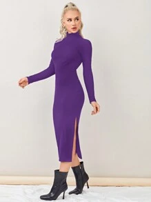 SHEIN Essnce Cổ giả Tách đùi Đồ đan Ribbed Váy bodycon - Màu tím  Violet - Xem 3