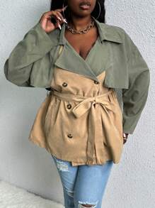 Slaydiva Plus Two Tone Double Breasted Belted Trench Coat - Khaki - View 1