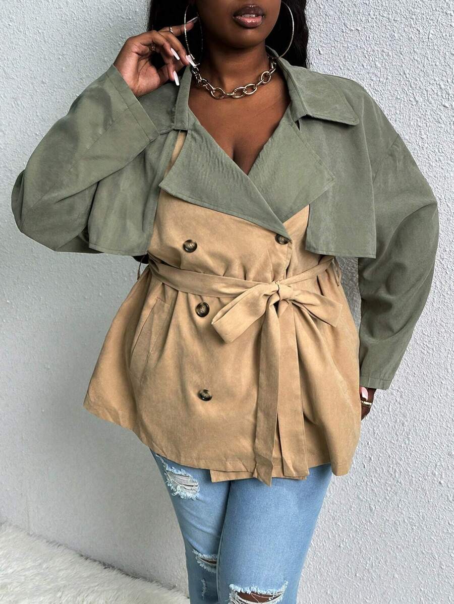Slaydiva Plus Two Tone Double Breasted Belted Trench Coat - Khaki - View 1