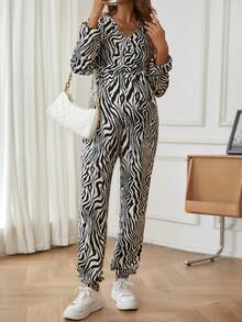 SHEIN 孕婦斑馬條紋交疊領連身褲 - 杏色 - 查看 6